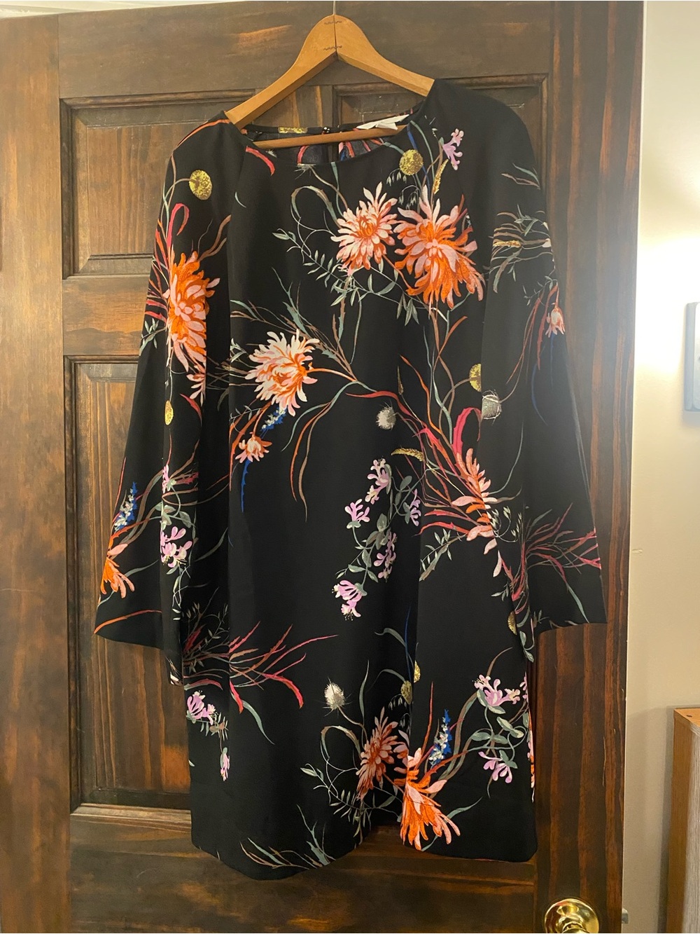 H&M Black Long-Sleeve Floral Shift Dress with Orange & Pink Blooms